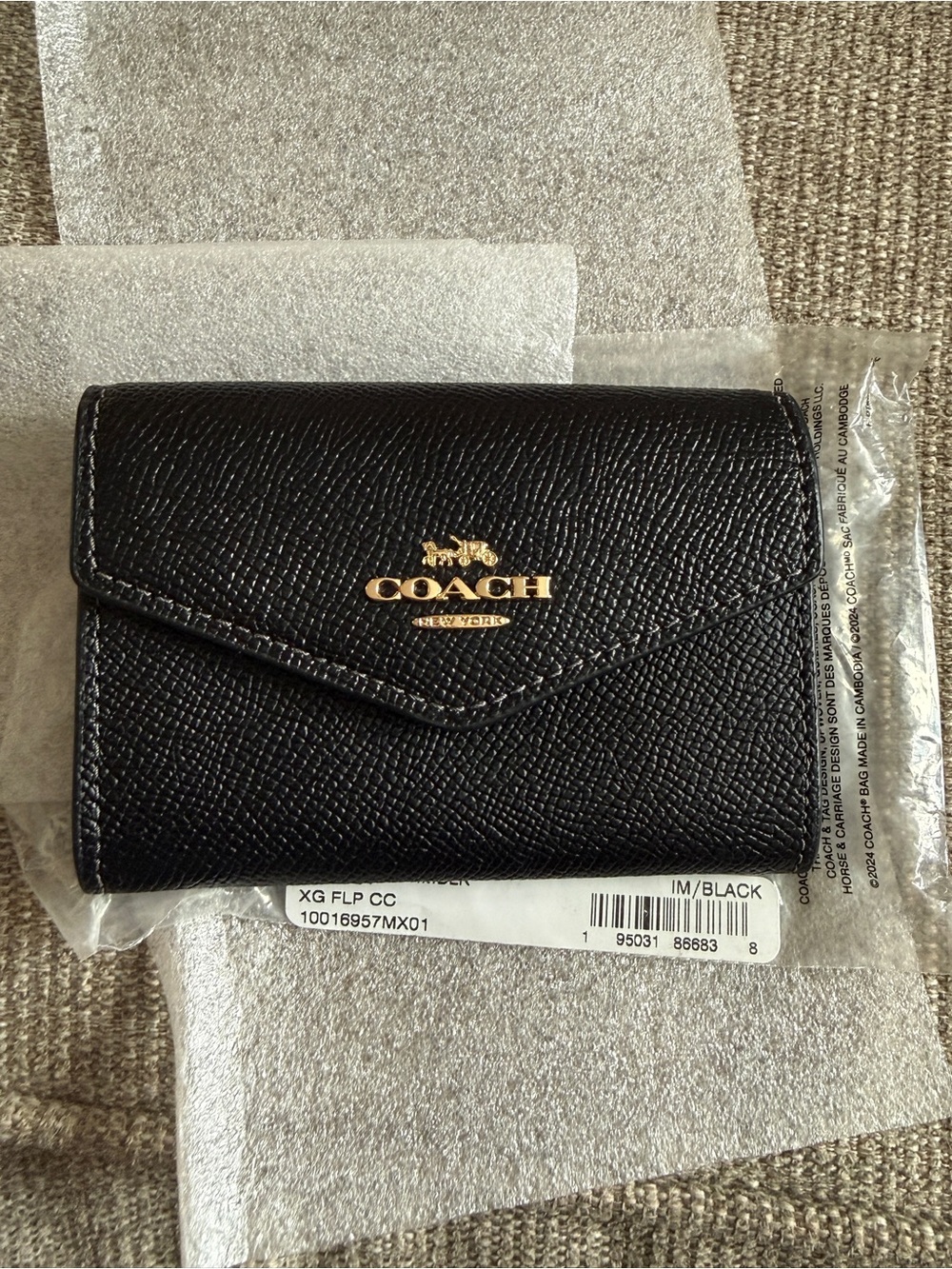 Coach Black Saffiano Leather Envelope Card Holder with Gold Logo